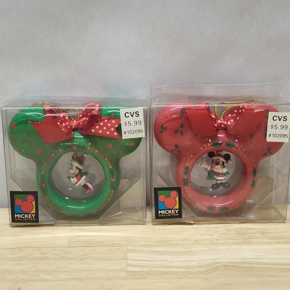 Lot of Two Enesco Disney Mickey and Minnie Mickey Ears Christmas Ornaments